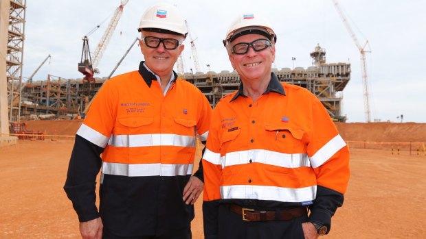Malcolm Turnbull and Colin Barnett on Barrow Island on Monday for a tour of the LNG project.