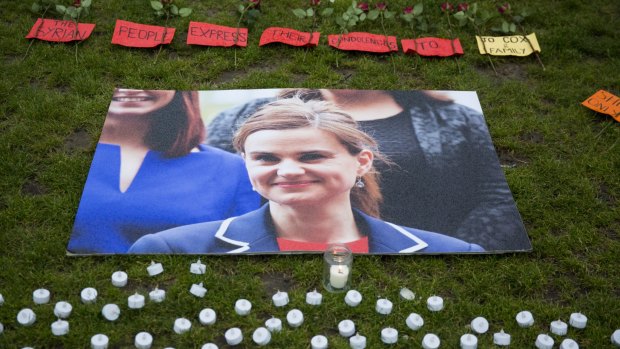 Tributes left in Parliament Square, London for murdered British MP Jo Cox.