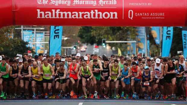 Elite runners at the start line of the Sydney Morning Herald Half Marathon.
