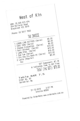 Receipt for lunch with Bindi Cole Chocka at West of Kin.