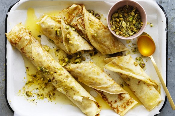 Baklava-ish honey and pistachio filled crepes.