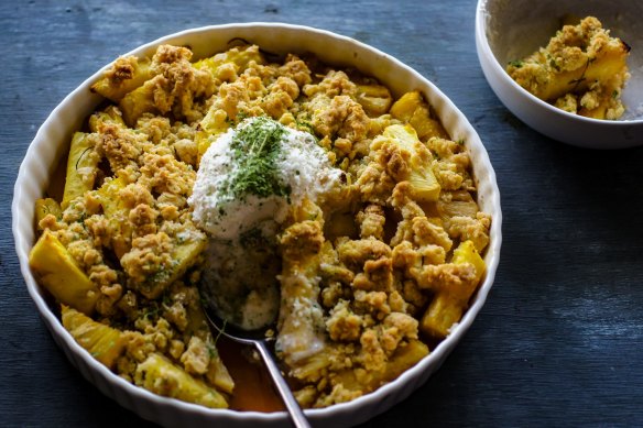 Serve this tropical crumble with lime leaf dust and coconut gelato.