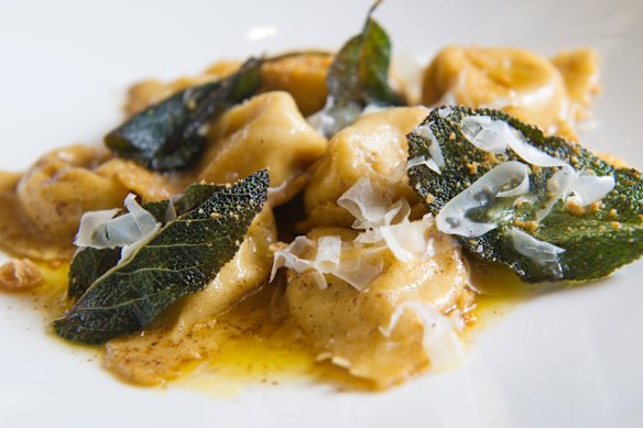 Tortellini di zucca: Pumpkin pasta parcels with burnt butter and crisp sage leaves.