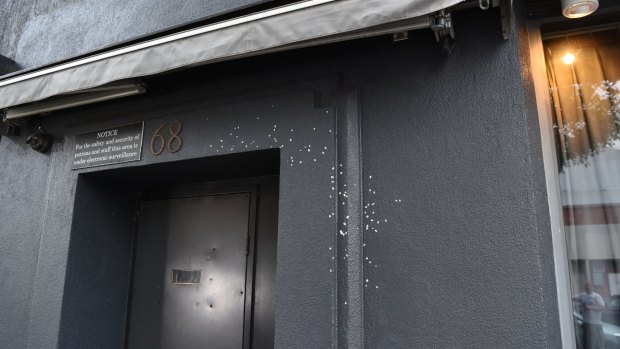 Shotgun pellets around the doorway at Kittens strip club in South Melbourne. 