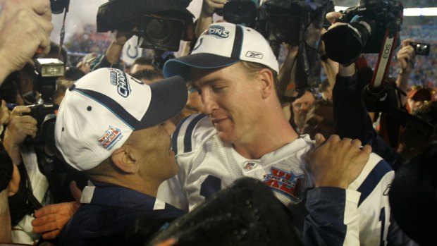 Old times: Peyton Manning and coach Tony Dungy celebrate their Super Bowl win in 2007.