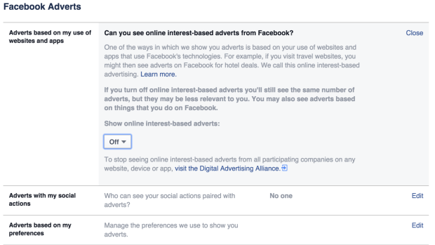 Facebook Adverts lets you turn interest-based advertising on or off across all devices.
