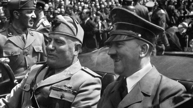 Hitler and Mussolini in Munich, Germany, June 18, 1940. Hitler was at a high point, as his army accomplished a string of victories and was completing its conquest of continental Western Europe.