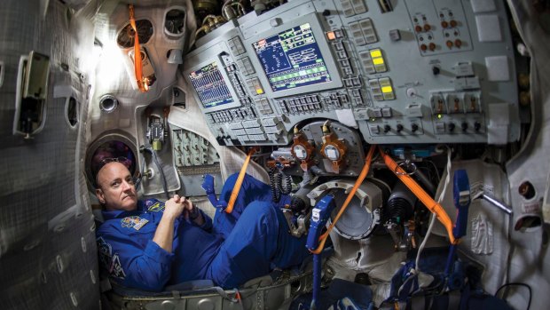 Scott Kelly inside a Soyuz simulator ahead of his mission. This capsule would be his escape pod in case of a disaster.