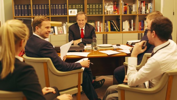 Team Bill: Shorten in Canberra in November with his staff, including Kimberley Gardiner (left) and Ryan Liddell (second from left).