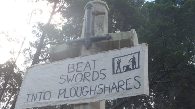 A banner discovered by police investigating vandalism at the Canon Garland memorial at Toowong on March 1.