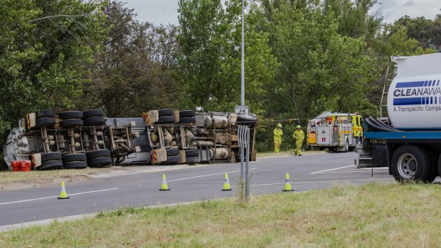 Sewage waste truck tips over on Morshead Drive on Thursday morning.

The Canberra Times

Photo Jamila Toderas