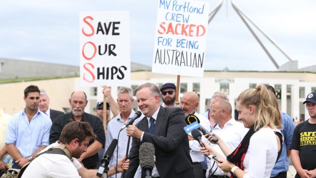 Anthony Albanese addressed the former crew of the MV Portland at a union 'jobs embassy' rally outside Parliament House.