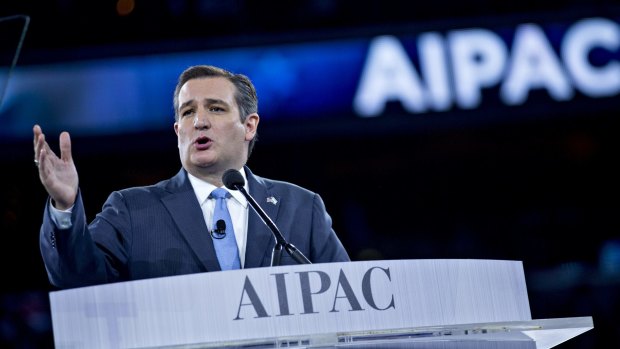 Senator Ted Cruz speaks at a American Israeli Public Affairs Committee policy conference in Washington on Monday.