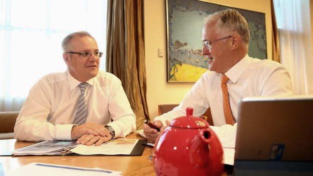 Prime Minister Malcolm Turnbull and Treasurer Scott Morrison in the Prime Minister's suite on Monday.