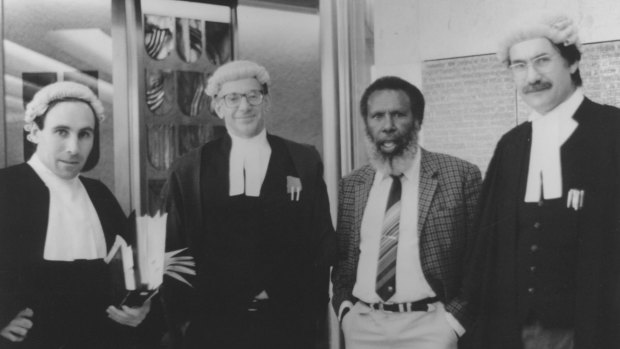 The Mabo case legal team: solicitor Greg McIntyre, barrister Ron Castan, Eddie Mabo and barrister Bryan Keon-Cohen at the High Court of Australia 1991.