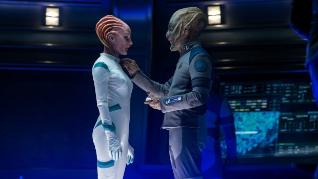 Jeff Bezos, right, as a Starfleet Official in <i>Star Trek Beyond</i>, with Lydia Wilson as Kalara.