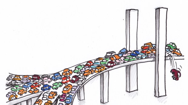Artist's impression of the current situation on the Bolte Bridge (don't worry, it's not this bad. Only one lane is closed). 