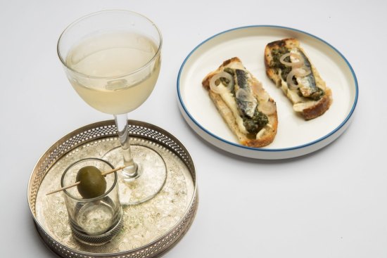 Sardines on toast and smoked olive martinis are available from brunch to dinner. 