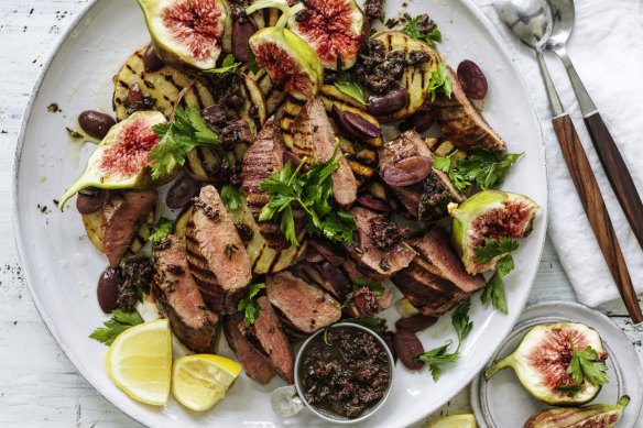 Lamb backstrap with charred potatoes and fresh figs.