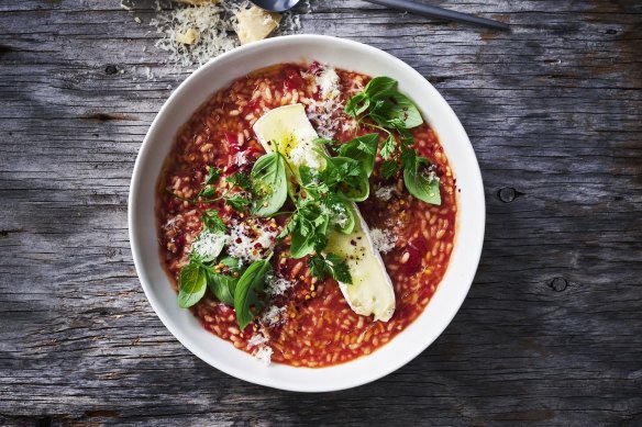 Oven-baked tomato risotto with runny brie.