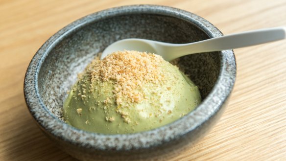 Matcha ice-cream with peanut praline dust.