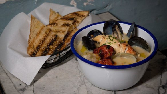 Winter warmer: The seafood chowder includes snapper, mussels, clams, scallops and chorizo.
