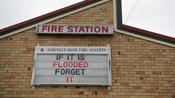 A flood warning sign displayed at the Goonellabah fire station.