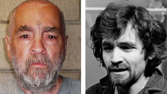 Charles Manson in 2007 and how he appeared at his trial in 1970. 