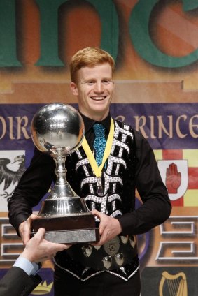 Canberra Irish dancer Conor Simpson receiving his award at the world championships in April this year.