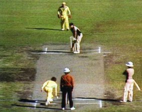 Trevor Chappell delivering the underarm ball in 1981.