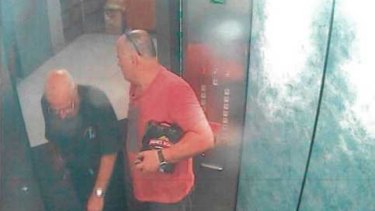 CCTV showing Roger Rogerson and Glen McNamara in the lifts of McNamara's Cronulla apartment.