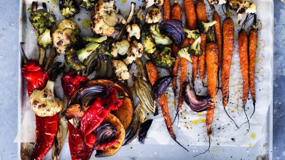 Roast vegetables with flatbreads and whipped feta.
