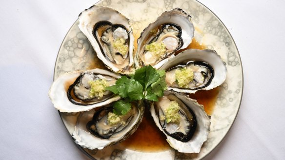 Steamed oysters with ginger and shallot dressing.