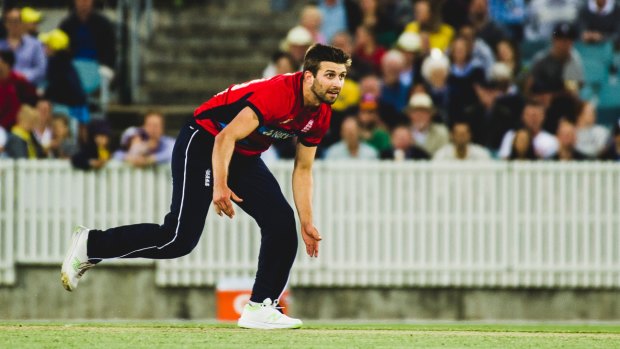 England's Mark Wood at the Prime Minister's XI v England at Manuka Oval. 