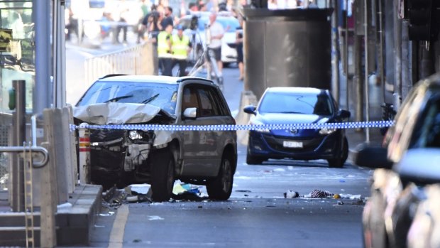 The car that plowed through pedestrians at the Elizabeth and Flinders street intersection. 