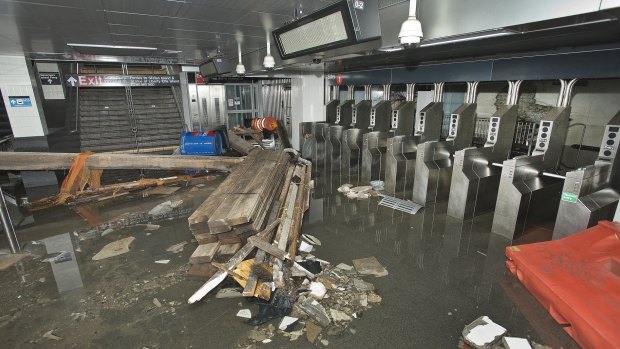 The South Ferry subway in New York station after it was flooded by seawater during superstorm Sandy in October 2012. 