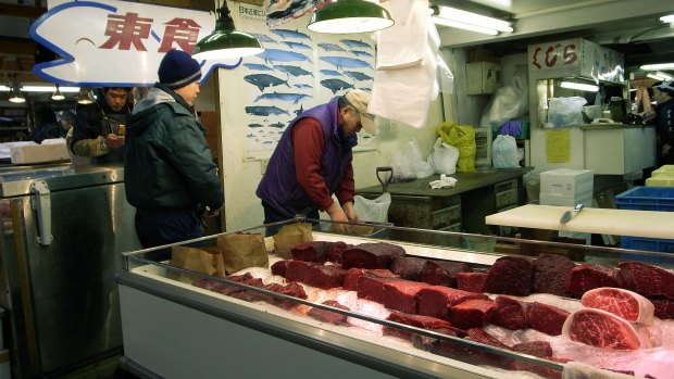 Whale meat for sale in Tokyo's Tsukiji fish market.