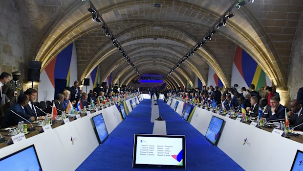 The meeting room before the first session of the Valletta Summit on migration in Valletta, Malta. 