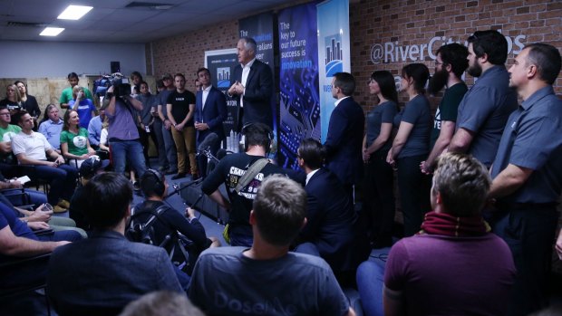 Mr Turnbull and his flock at River City Labs in Brisbane on Wednesday.
