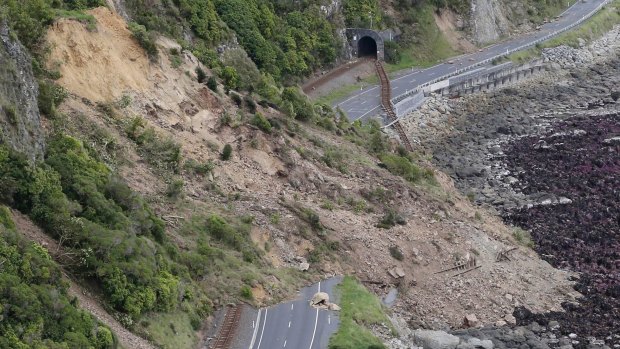 A landslide blocks State Highway One and the main trunk railway line north of Kaikoura following an earthquake in New Zealand in November 14.