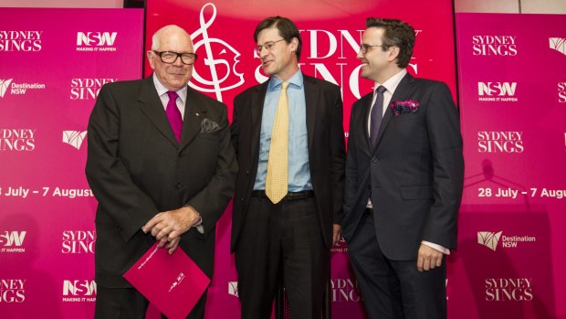 High note: Leo Schofield with member for Davidson, Jonathan O'Dea, and Jarrod Carland, at the launch of Sydney Sings.