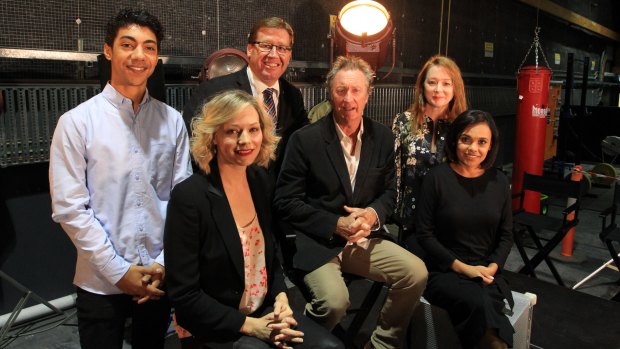 Deputy Premier Troy Grant with actors, from left, Hunter Page-Lochard, Adrien Pickering, Bryan Brown, Mandy McElhinney and Miranda Tapsell.