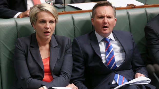 Deputy Opposition Leader Tanya Plibersek and shadow treasurer Chris Bowen listen to Mr Abbott during question time.