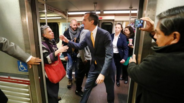 Los Angels mayor Eric Garcetti boarded at the Universal City Red Line station in a show of confidence in the police responding to the threat. 