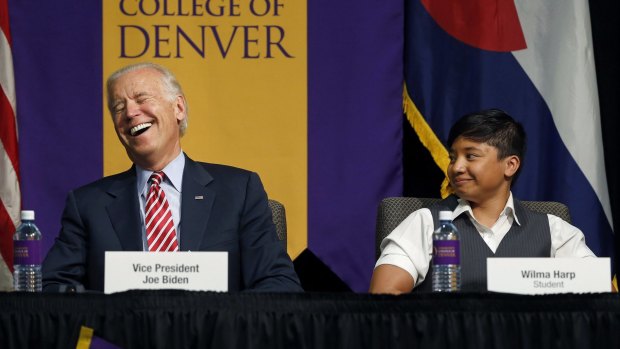 US Vice-President Joe Biden laughs during a roundtable discussion  in Denver last month.
