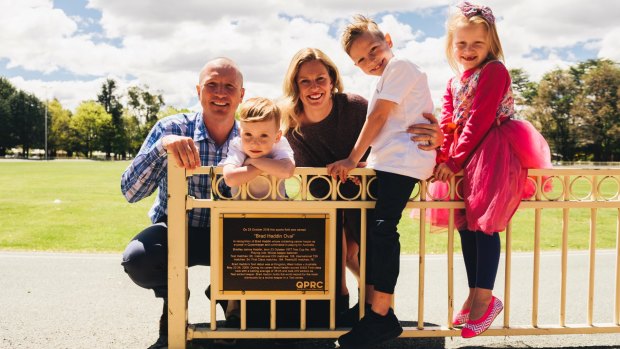 Brad Haddin, who had a Queanbeyan Oval named after him on Sunday, says Simon Katich and Michael Clarke should've sorted things out years ago. He's pictured with wife Karina, and three children, Hugo, 4, Zac, 8, and Mia, 6, at the newly-named Brad Haddin Oval in Queanbeyan.