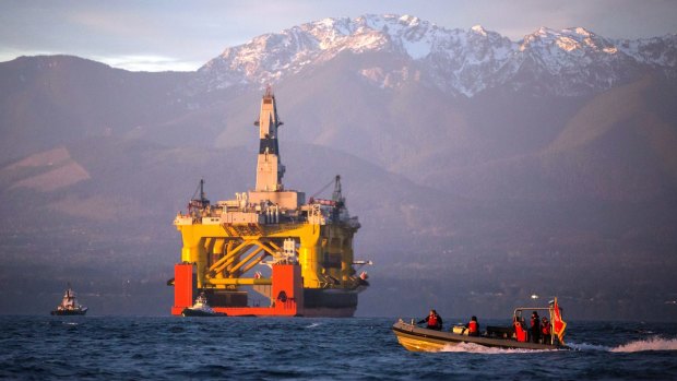 A semi-submersible drilling unit arrives in Port Angeles, Washington. 
