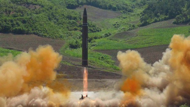 A North Korean government photograph of what it says was the launch of a Hwasong-14 intercontinental ballistic missile in July. 