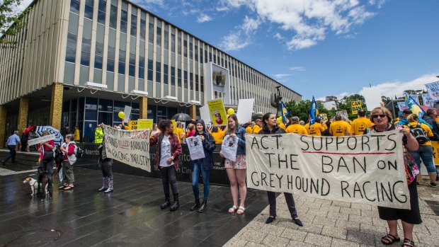  Unions, greyhound owners and greyhound liberationists all protest in Canberra's Garema Place and outside the Legislative Assembly on Monday.