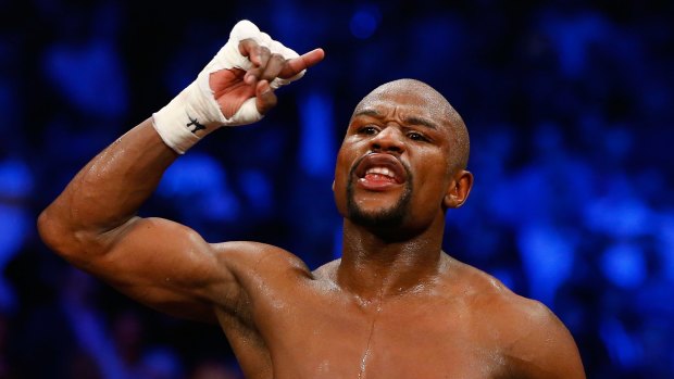 Floyd Mayweather reacts after beating Manny Pacquiao for welterweight unification championship.